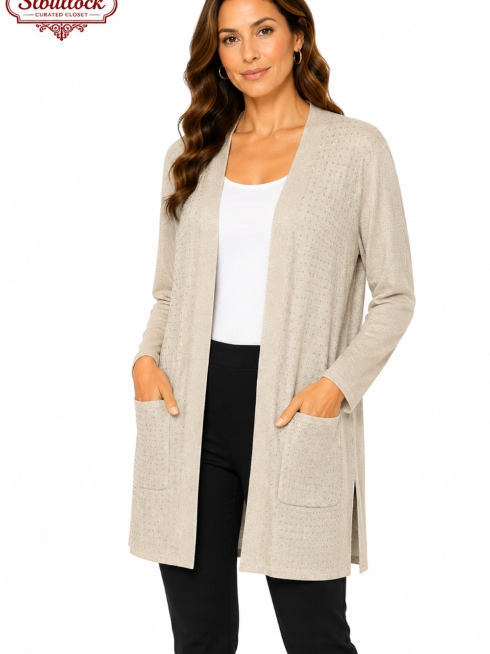 C22 On Twelfth Embellished Open Front Cardigan Size Medium Metallic Knit Pockets